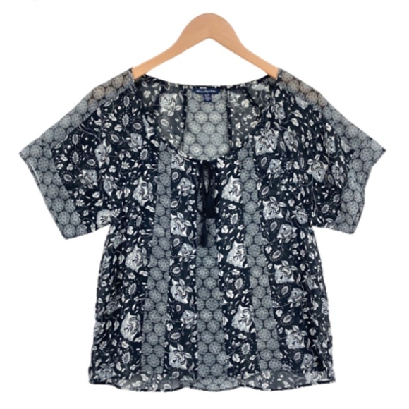 American Eagle Outfitters black and White Short Sleeve peasant Blouse xs - Picture 1 of 12